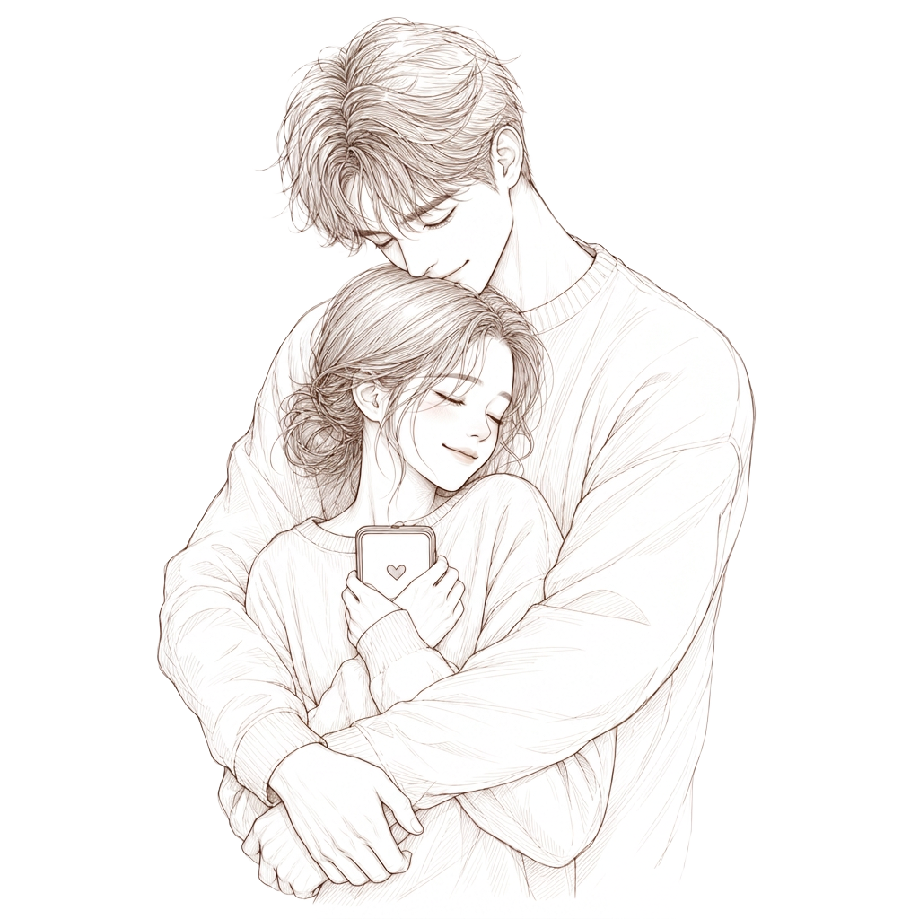 A couple embracing, holding a phone between them